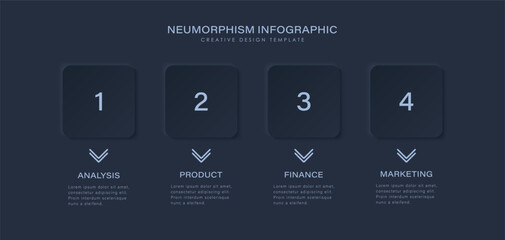 Neumorphism design infographic, 4 step timeline illustration. Deep blue design wiht arrows