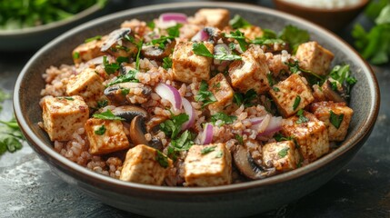 Bowl of Tofu, Mushrooms, Red Onion, and Brown Rice