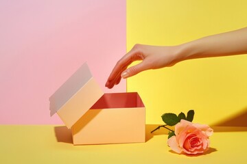A hand emerging from the right side, coming from inside an open pink paper box placed on top of a yellow table with a rose flower next to it. Isolated against a pastel-colored background