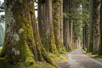 Naklejka premium Moss and lichen cover ancient tree trunks, fungi, ferns, lichen, dappled shade