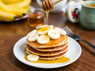 A plate of banana pancakes topped with slices of banana and honey, set on a cozy breakfast table.