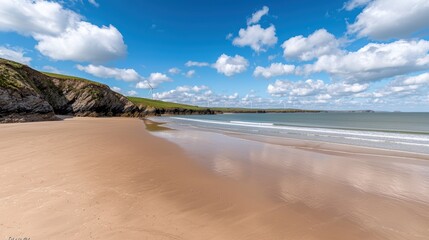 A wind farm on a coastal landscape with turbines turning gracefully against the sea breeze