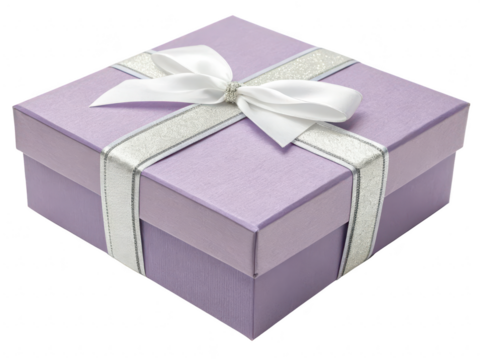Square Gift Box in Pastel Lavender with Silver Accents and White Ribbon on Transparent Background - Powered by Adobe