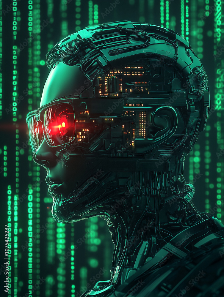 Poster A robotic head with red glowing eyes is seen in profile against a backdrop of green digital code