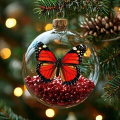 Luxury holiday ornament with a butterfly centerpiece and gold floral accents, perfect for adding an artistic touch to Christmas decor.
