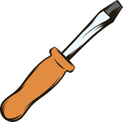 Cartoon screwdriver with wooden handle isolated on white background, essential tool for repair and maintenance tasks