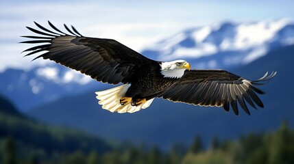 Fototapeta premium Bald eagle soars over mountains.