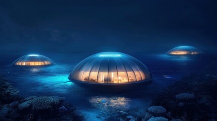 Obraz premium A futuristic underwater city with glowing domes and advanced submarines navigating coral reefs