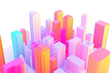 A vibrant, stylized cityscape with colorful buildings and a bright background.