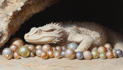 A hidden cave filled with sparkling treasures and a sleeping dragon guarding its hoard