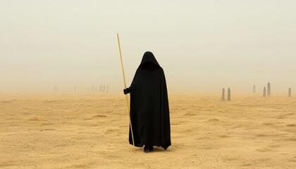 A mysterious cloaked figure holding a staff, walking through a fog-covered graveyard