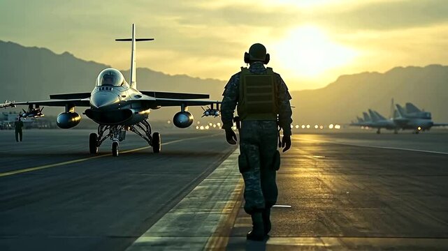 The fighter jet, a symbol of military strength, sits on the airport runway, with the pilot walking confidently toward it, ready for a high-speed interception.
