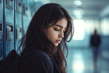 Thoughtful young woman standing near lockers in school hallway, Indian