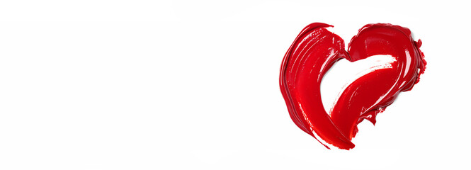 Fototapeta premium Red lipstick, lip gloss, glossy texture in the shape of heart on white background. Smear of red paint in the shape of heart. Makeup products. Sample of cosmetic product. Love concept. Valentine's day