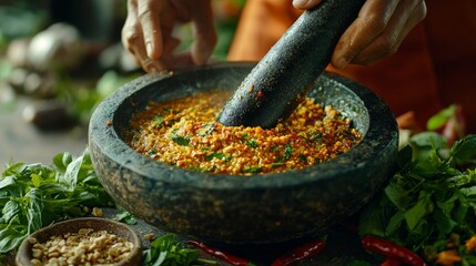 Close-up of a hand using a mortar and pestle to grind spices and herbs