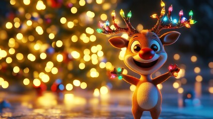 Fototapeta premium Cheerful Cartoon Reindeer with Colorful Lights Celebrating Christmas in Front of a Beautifully Decorated Christmas Tree with Twinkling Lights and a Festive Atmosphere