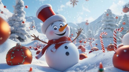 Fototapeta premium Cheerful Snowman Surrounded by Festive Ornaments and Candy Canes in a Winter Wonderland Landscape with Snowy Mountains and Sparkling Snowflakes