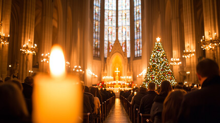 Catholic Midnight Mass in Grand Cathedral with Candlelight
