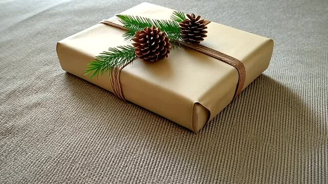 A close-up of a brown paper-wrapped present tied with twine, with pinecones and a sprig of green tucked in, lying on a soft, neutral fabric background for a cozy, rustic look.