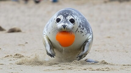 Obraz premium Harbor Seal Playing with an Orange Ball on a Sandy Beach