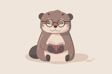 Fototapeta premium Cute cartoon otter reading book with glasses illustration