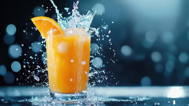 Refreshing orange drink splashing in a glass with vibrant colors and a citrus slice.