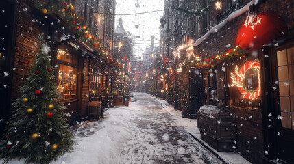 A snowy street with Christmas decorations