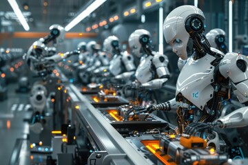 Fototapeta premium AI-Driven Robotics Factory with Autonomous Assembly Line and Engineering Oversight