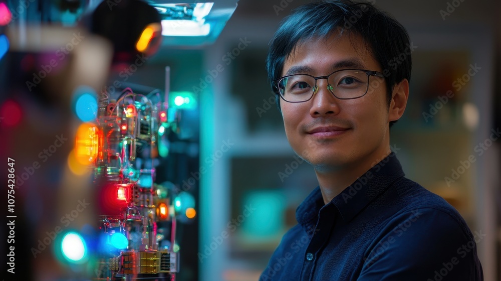 Poster innovative asian engineer develops high-tech robotics solutions with glowing technology