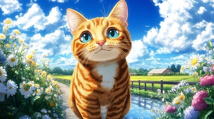 A Curious Orange Tabby Cat Gazing Upward in a Sunny Meadow