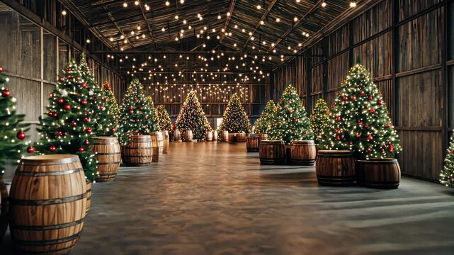 Elegant indoor Christmas market with rows of beautifully decorated trees and overhead string lights. Holiday and celebration concept 