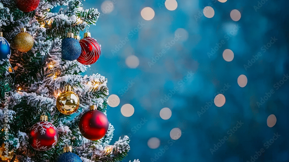Poster the christmas tree is adorned with vibrant ornaments and twinkling lights, creating a festive atmosp