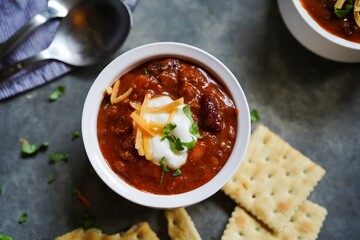 Homemade Beef Chilli served with saltine crackers