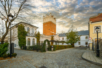 The city of Sandomierz with its churches, town hall and castle shown from above.