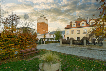 The city of Sandomierz with its churches, town hall and castle shown from above.