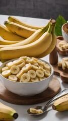 Sliced bananas arranged in a bowl, ready for breakfast or a healthy snack, with a spoon beside the bowl