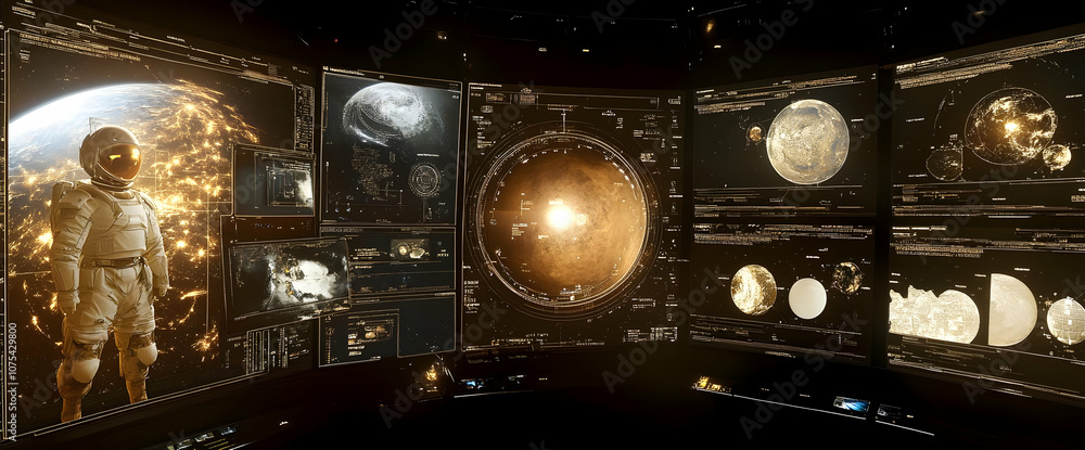 Poster a futuristic control room with an astronaut and planetary data displays.
