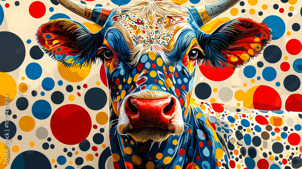 Poster a cow with a striking pattern of colorful spots is positioned in front of a bright, polka-dotted bac