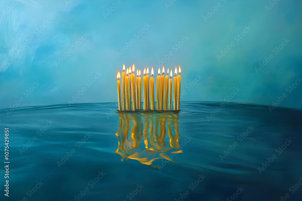 Poster a serene scene of lit candles floating on water, creating a calming atmosphere.