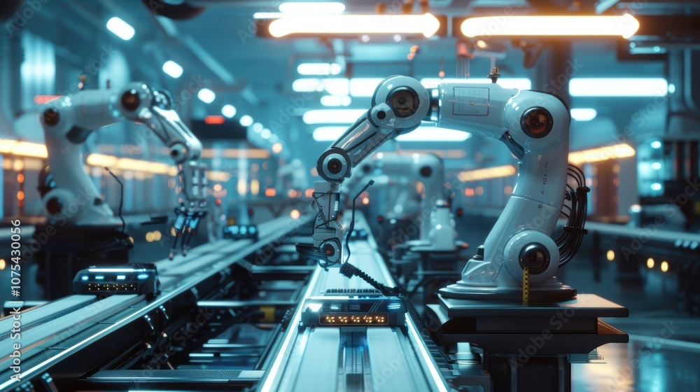 Poster futuristic smart factory with ai robots and humans in advanced electronics production