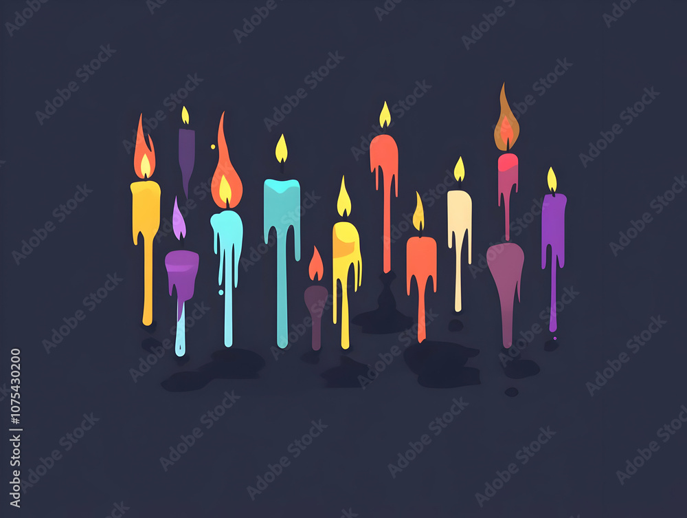 Poster a colorful arrangement of melting candles with flames, creating a warm and inviting atmosphere.