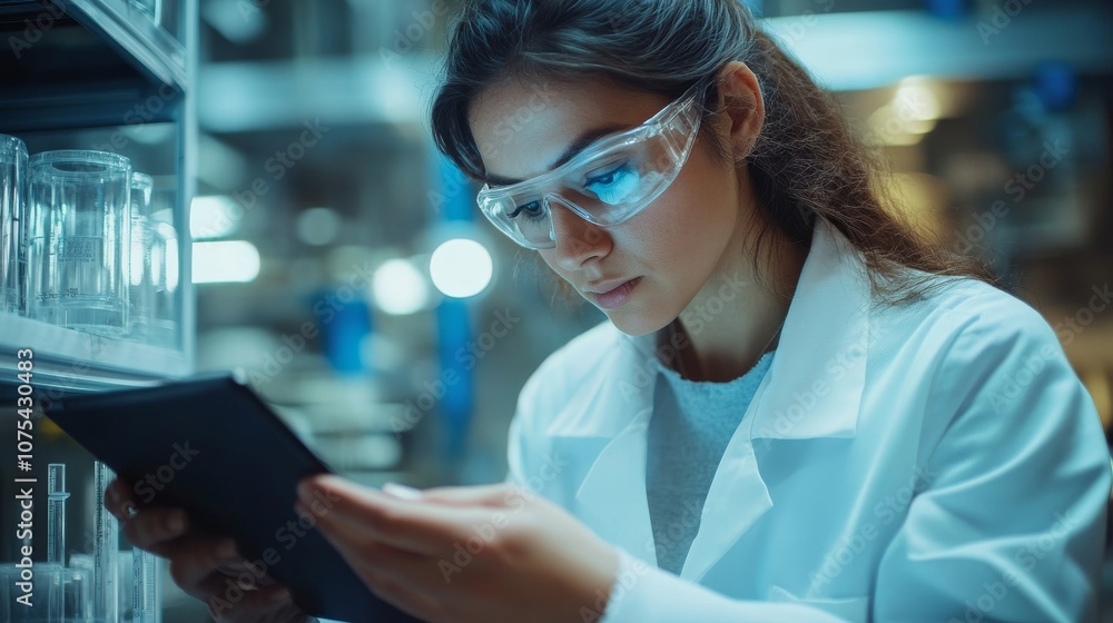Poster female scientist in lab coat looking at a tablet in a laboratory setting