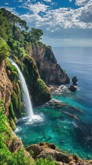 A serene view of the Cascada de Zaro waterfall flowing into the tranquil sea, surrounded by lush...