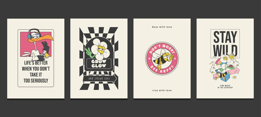 Collection of groovy 70s hippie posters or wall art designs with positive quotes, vector illustration 