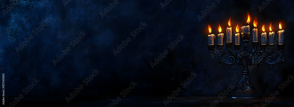 Poster a dark background featuring a lit candelabra with multiple candles.