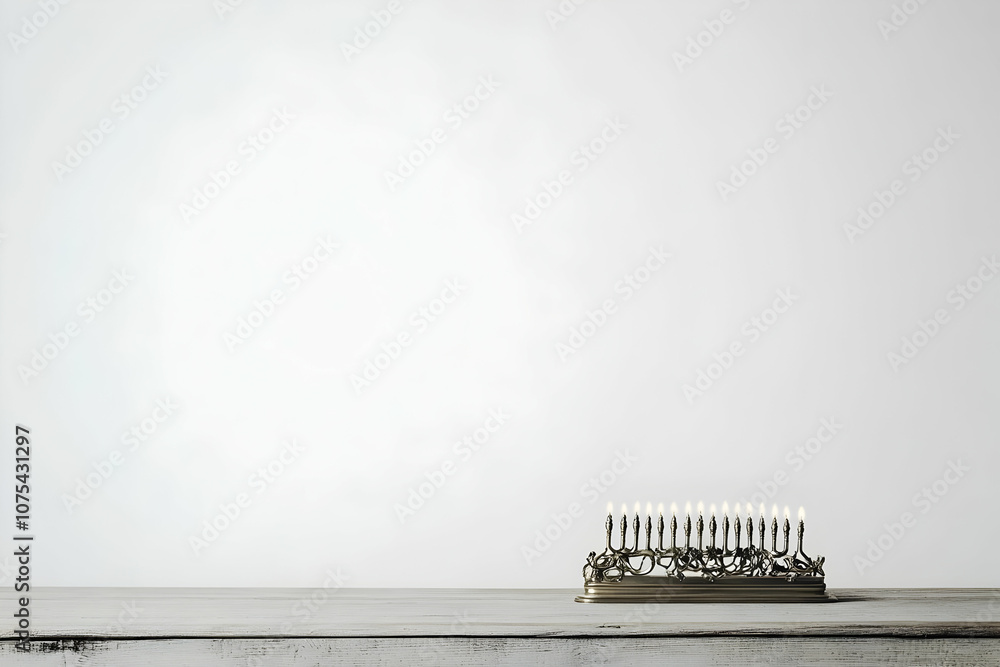 Poster a menorah with lit candles on a simple table against a light background.