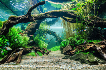 Fish tank with a lot of fish and plants. The fish are swimming around the plants and the tank is very clear