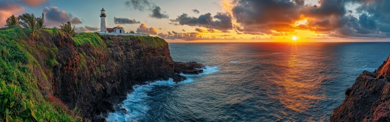 Golden sunset over Faro del Caballo lighthouse, illuminating cliffs and the sea in breathtaking...