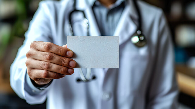 A medical expert displays a blank ID card while in a clinical environment, emphasizing confidentiality and professionalism