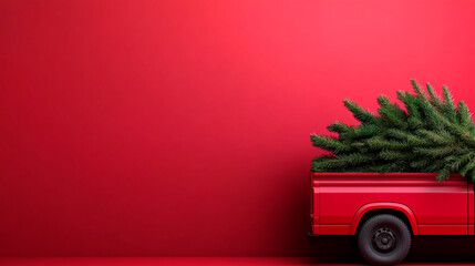 red christmas truck carrying a fir tree. Festive background. Copy space.